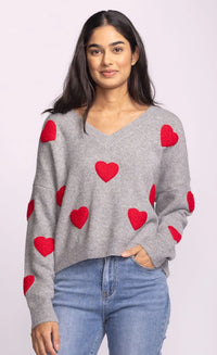 Espera Sweater in grey with red heart appliqués, cozy boxy fit – Lemonberry Aurora boutique