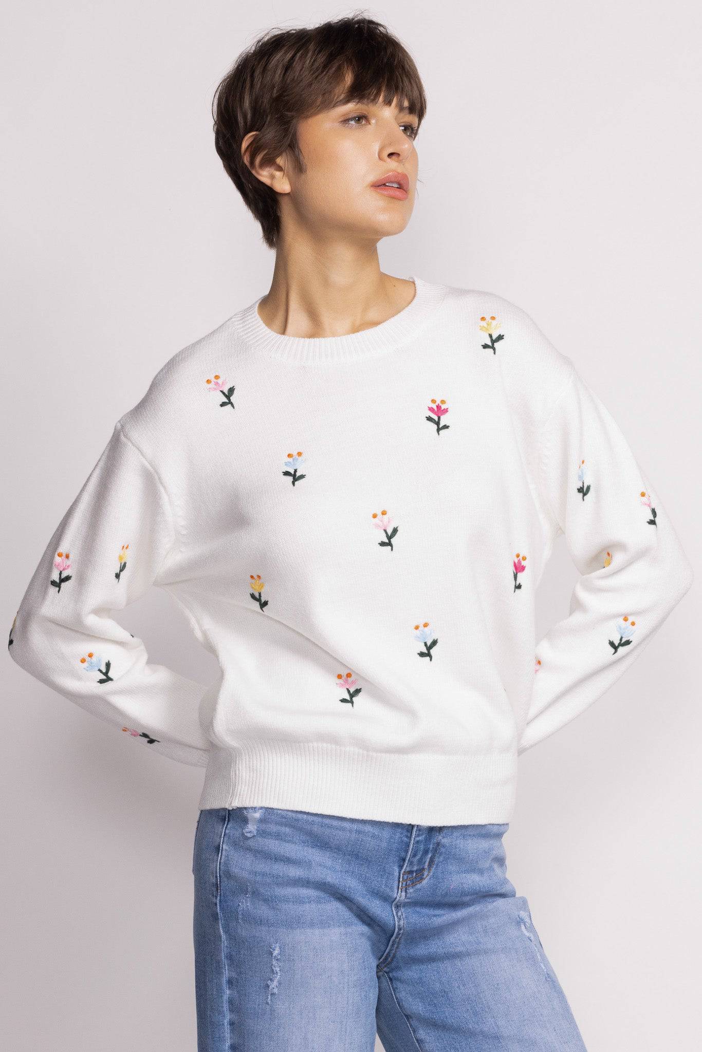 Front angle of Eva Sweater by Pink Martini available at Lemonberry