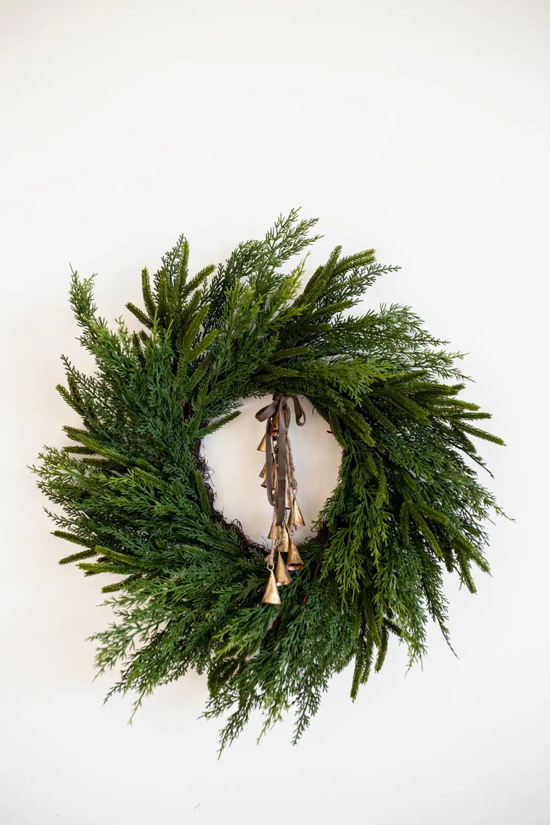 24 inch faux Norfolk and Cypress wreath for front door — Luxe B Co, Lemonberry Aurora display