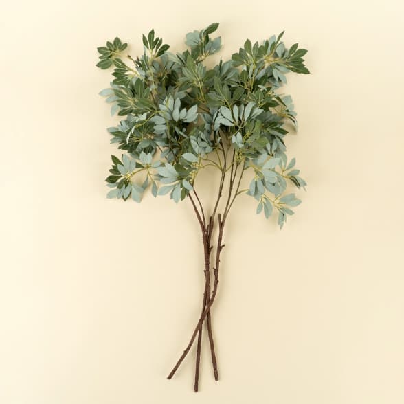 Faux olive leaf branch with muted green leaves and slender stems on a neutral background, Lemonberry Aurora