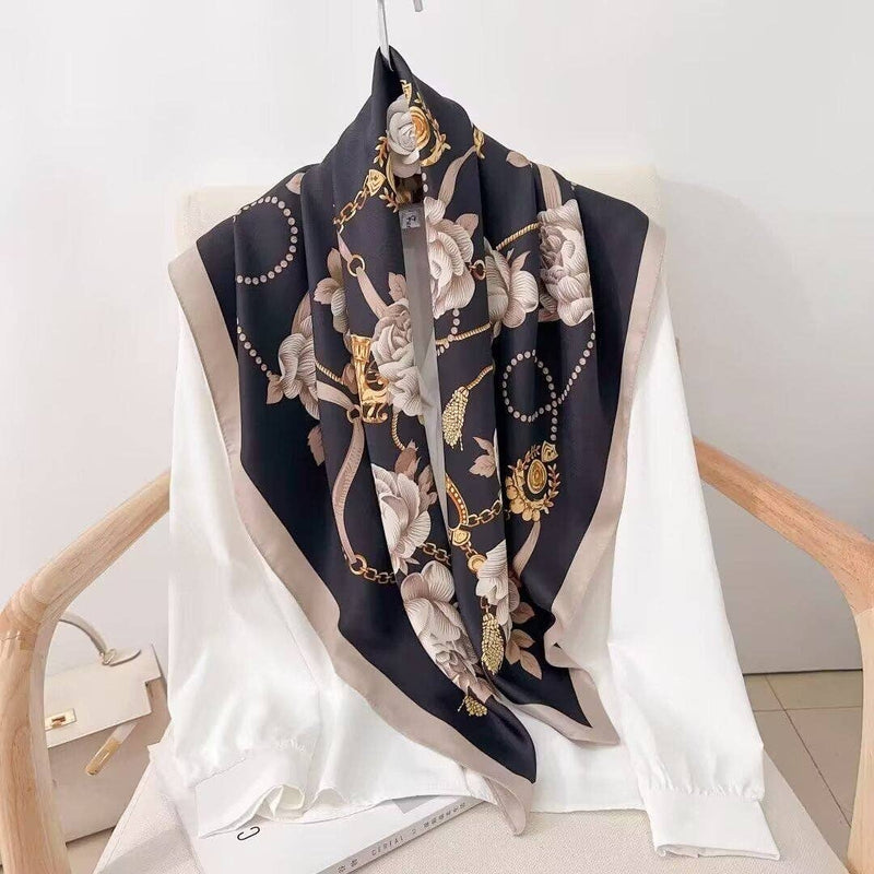 floral chain scarf styled around neck soft drape lightweight square scarf