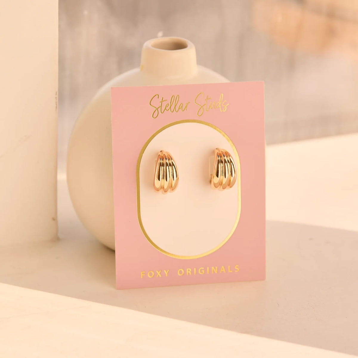 Foxy Originals Luna Earrings in gold on display card