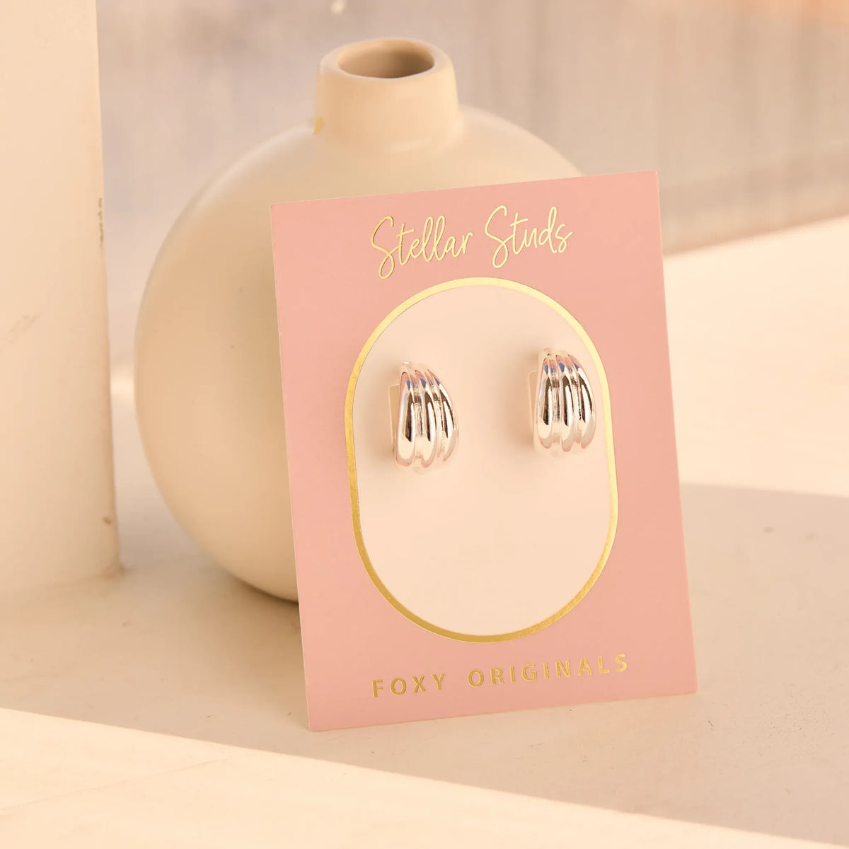 Foxy Originals Luna Earrings in silver on display card