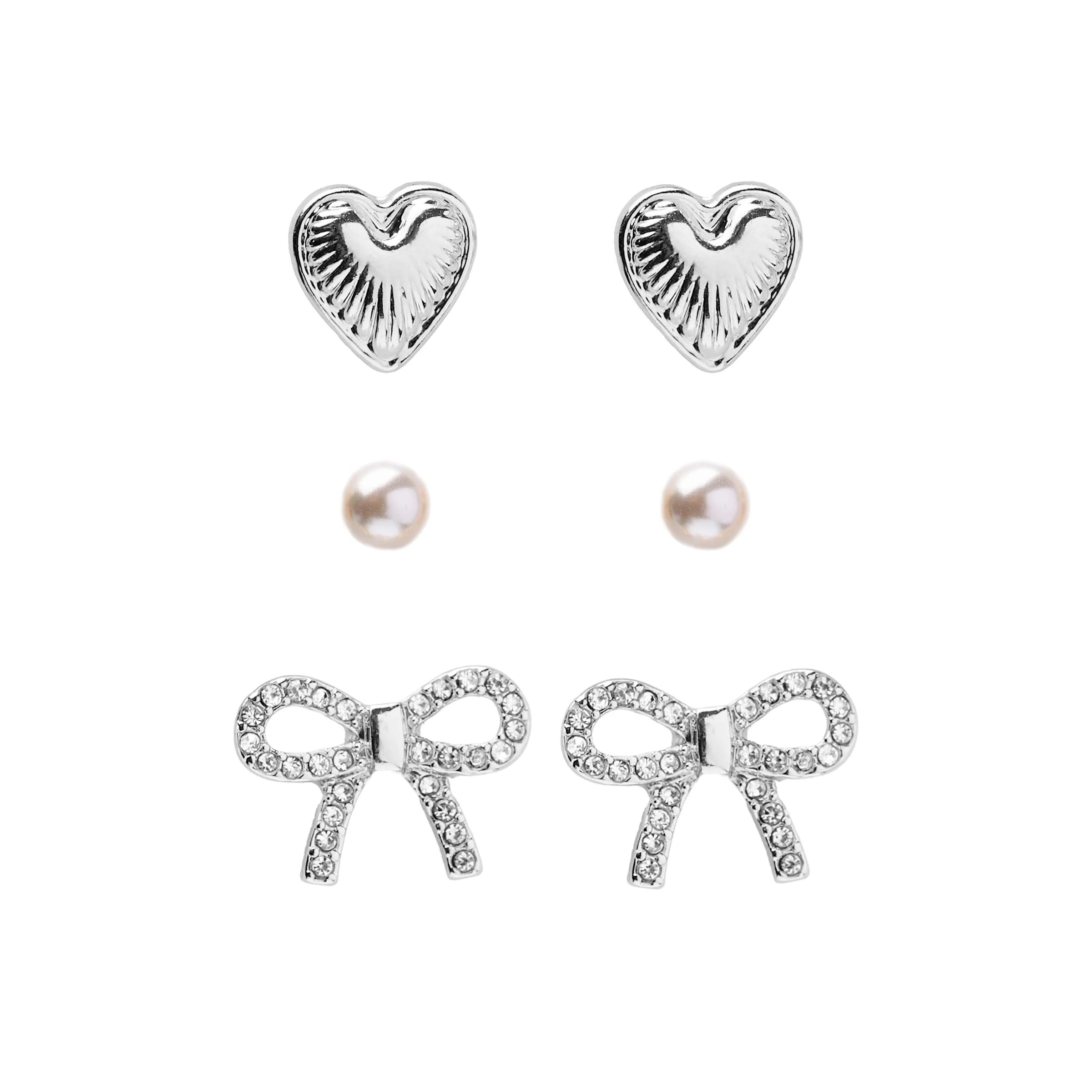 Foxy Originals Bella Mix & Match Earrings set in silver – heart, pearl, and pavé bow studs on white background