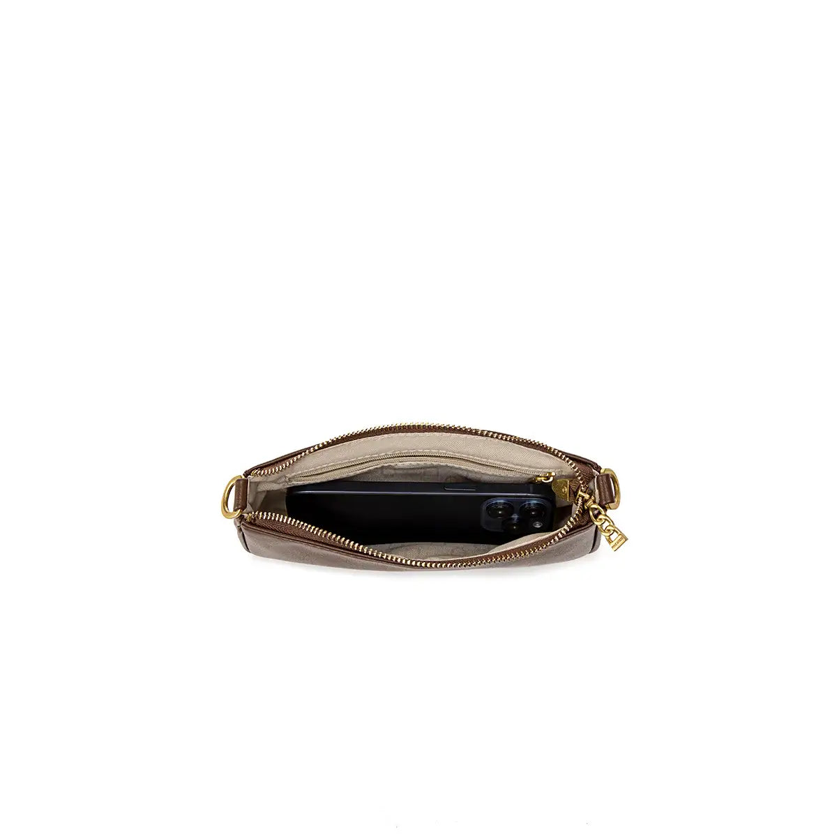 Interior view of Francine bag with zip pocket, sustainable lining made from recycled plastic bottles