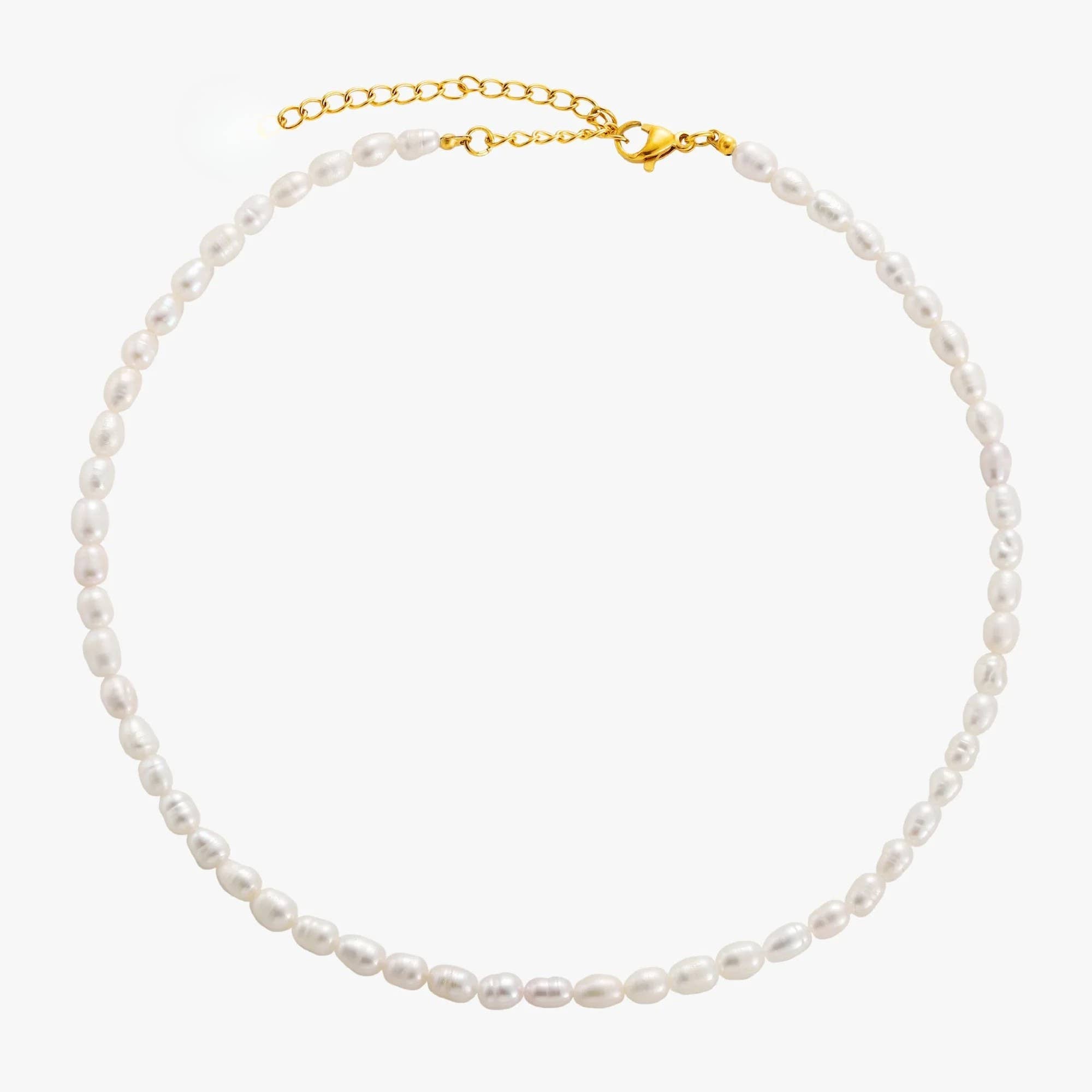 Freshwater rice pearl necklace with gold clasp, Luna, flat view — Lemonberry Aurora