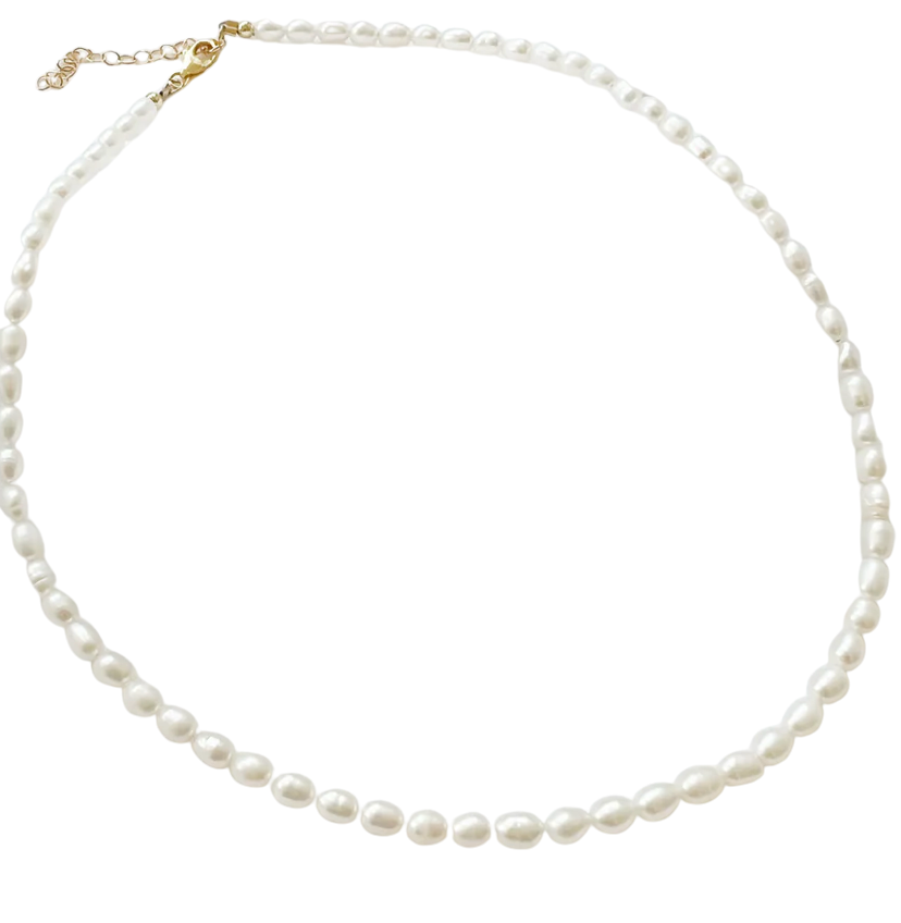 Freshwater rice pearl necklace with gold clasp, Luna, flat view — Lemonberry Aurora