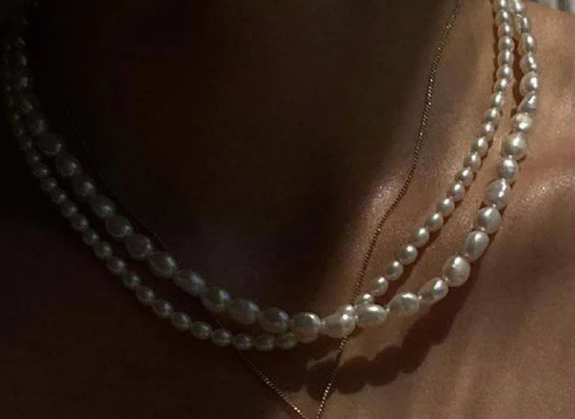 Petite pearl necklace doubled and stacked on neck, Luna, worn view — Lemonberry Aurora