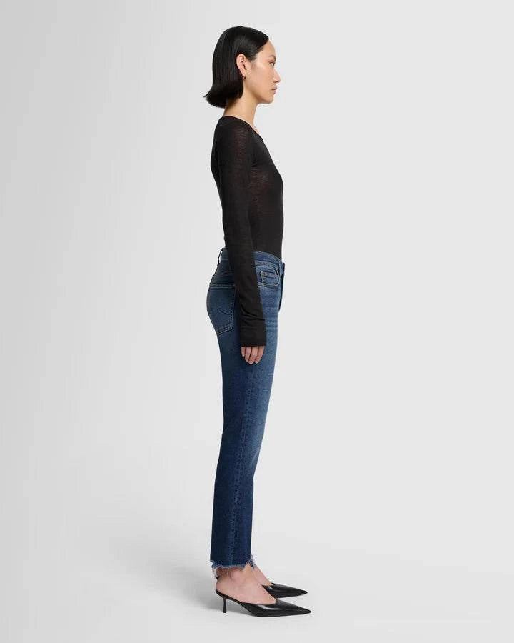 Full side view of model wearing Daisy Ankle Boot by 7 For All Mankind, available at Lemonberry.