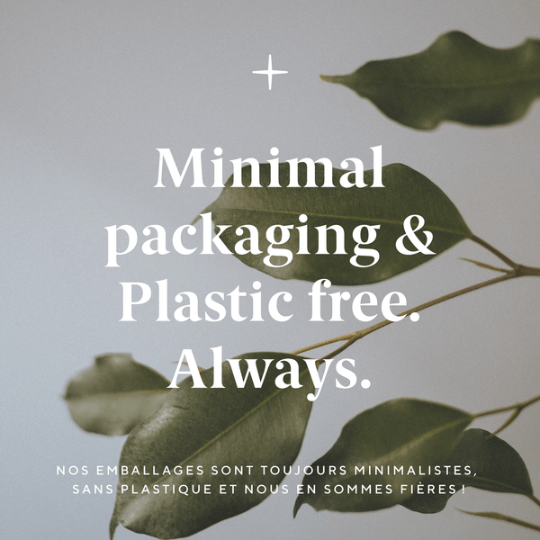 Minimal packaging & plastic free text with green leaves on a gray background