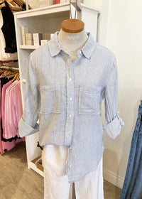 Garcia Shirt by Melissa Nepton front view paired with white linen pants, available at Lemonberry in Aurora, Ontario