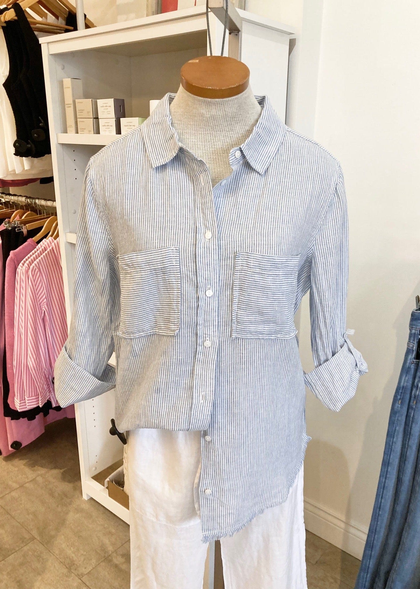 Garcia Shirt by Melissa Nepton front view paired with white linen pants, available at Lemonberry in Aurora, Ontario