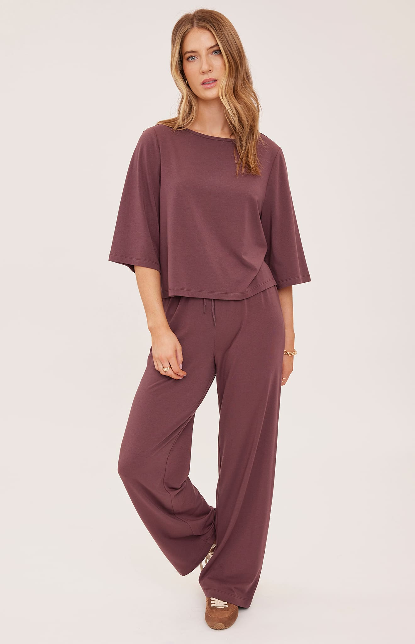 Gentle Fawn Aimee Mulberry top styled with matching pants front view Lemonberry Aurora