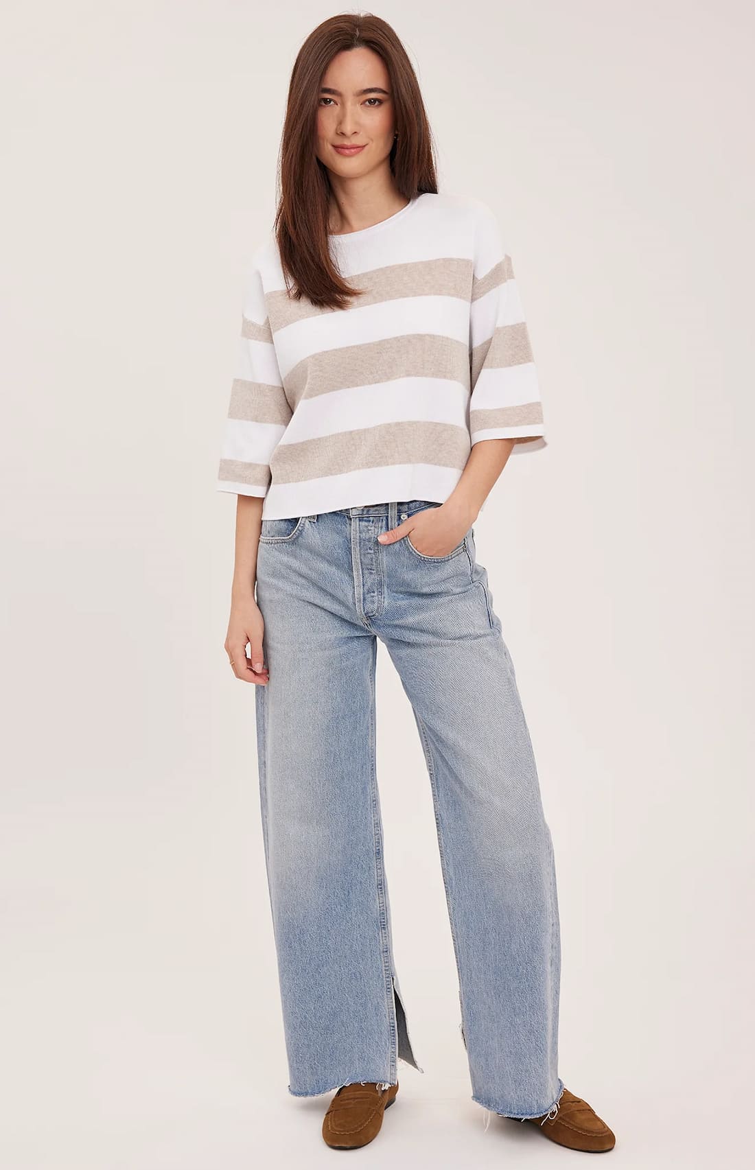 Gentle Fawn Amina heather cream stripe knit top front full-length view Lemonberry Auror