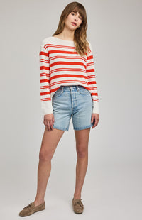 Gentle Fawn Angie sweater grenadine stripe relaxed fit knit sweater styled with denim shorts Lemonberry Aurora