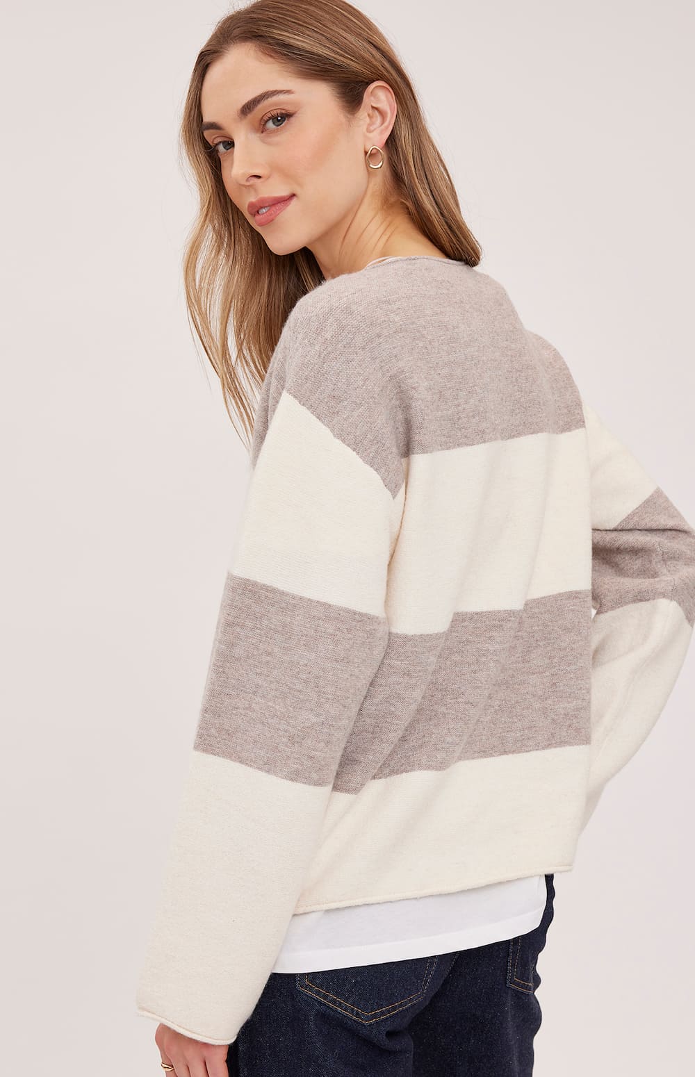 Back view of the Gentle Fawn Annalise sweater in Latte Stripe showing its oversized fit and wide stripes