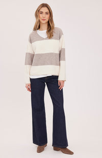 Full front view of the Gentle Fawn Annalise sweater in Latte Stripe at Lemonberry Aurora