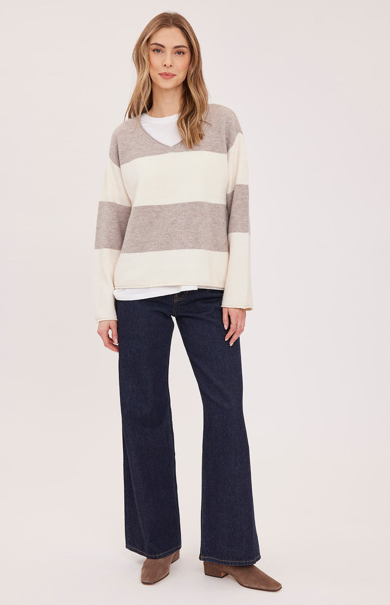 Full front view of the Gentle Fawn Annalise sweater in Latte Stripe at Lemonberry Aurora
