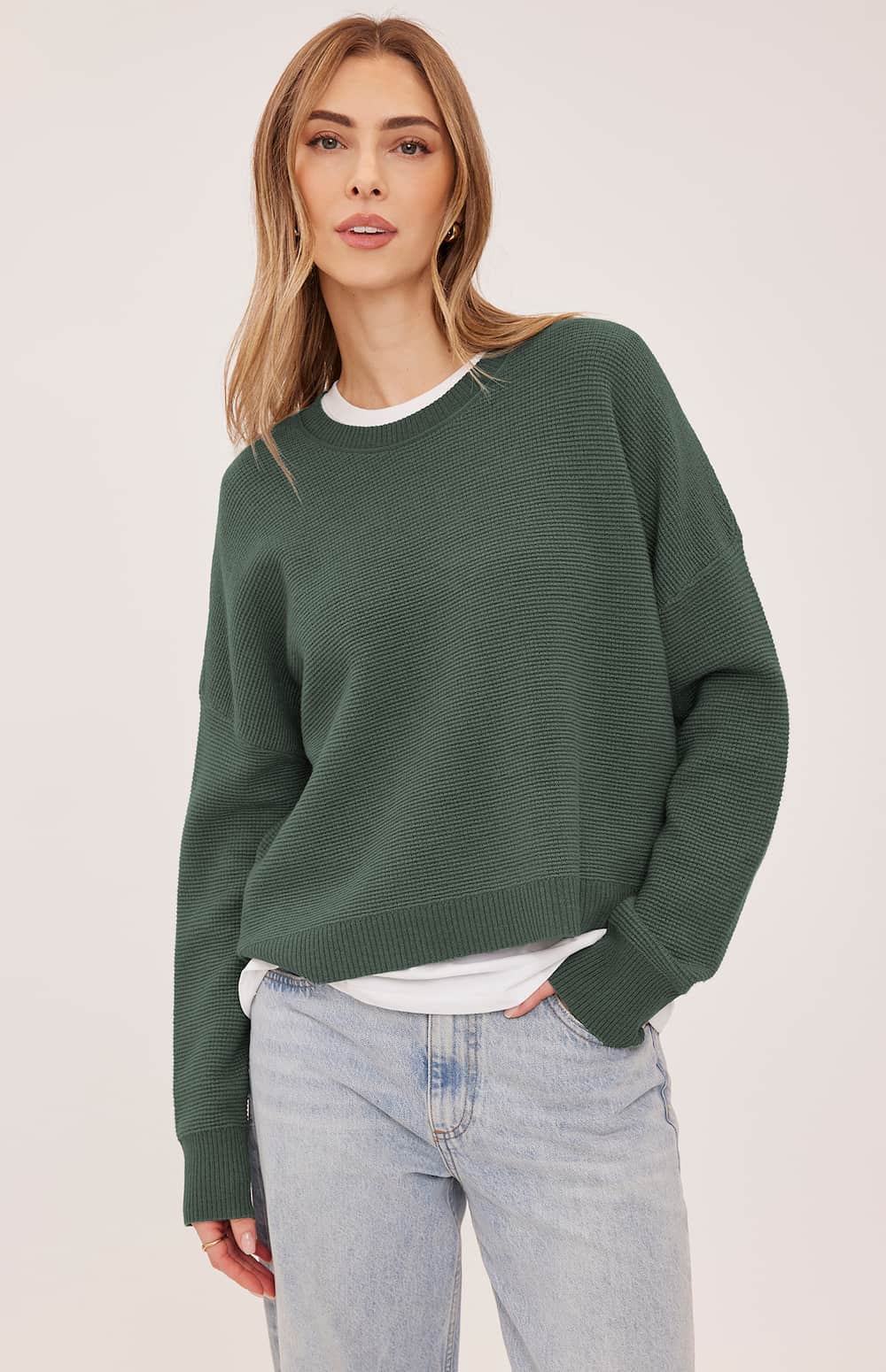 Front view of the Gentle Fawn Axel sweater in Aspen showing its relaxed fit and textured knit