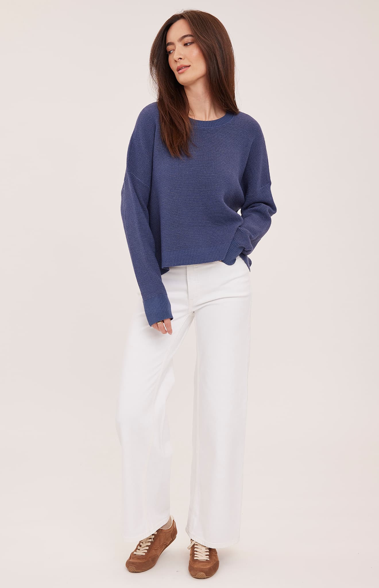 Full front view of the Gentle Fawn Axel sweater in Heather Navy at Lemonberry Aurora