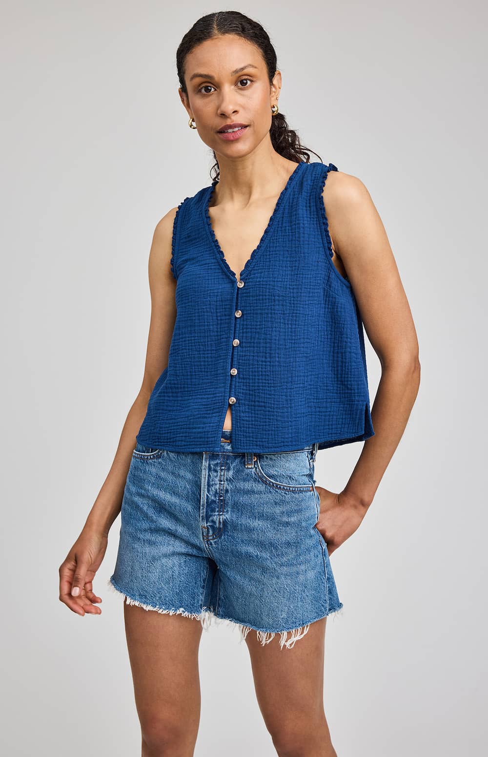 Gentle Fawn Breanna cotton gauze tank marine detail front view Lemonberry Aurora