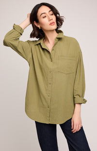 Gentle Fawn Callahan Shirt in vine green, front profile showing flowy drape – available at Lemonberry in Aurora, ON
