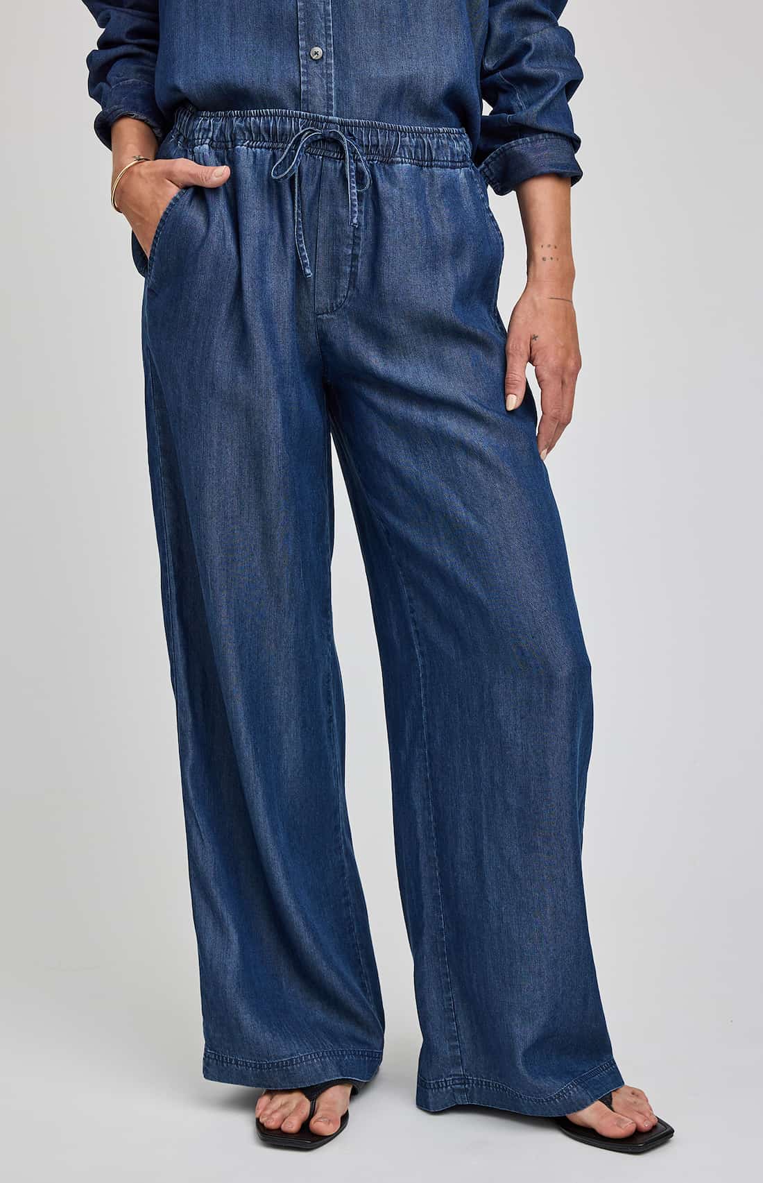 Gentle Fawn Camille wide leg Tencel pants dark blue drawstring waist detail Lemonberry Aurora