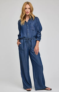 Gentle Fawn Camille wide leg Tencel pants dark blue full outfit front view Lemonberry Aurora