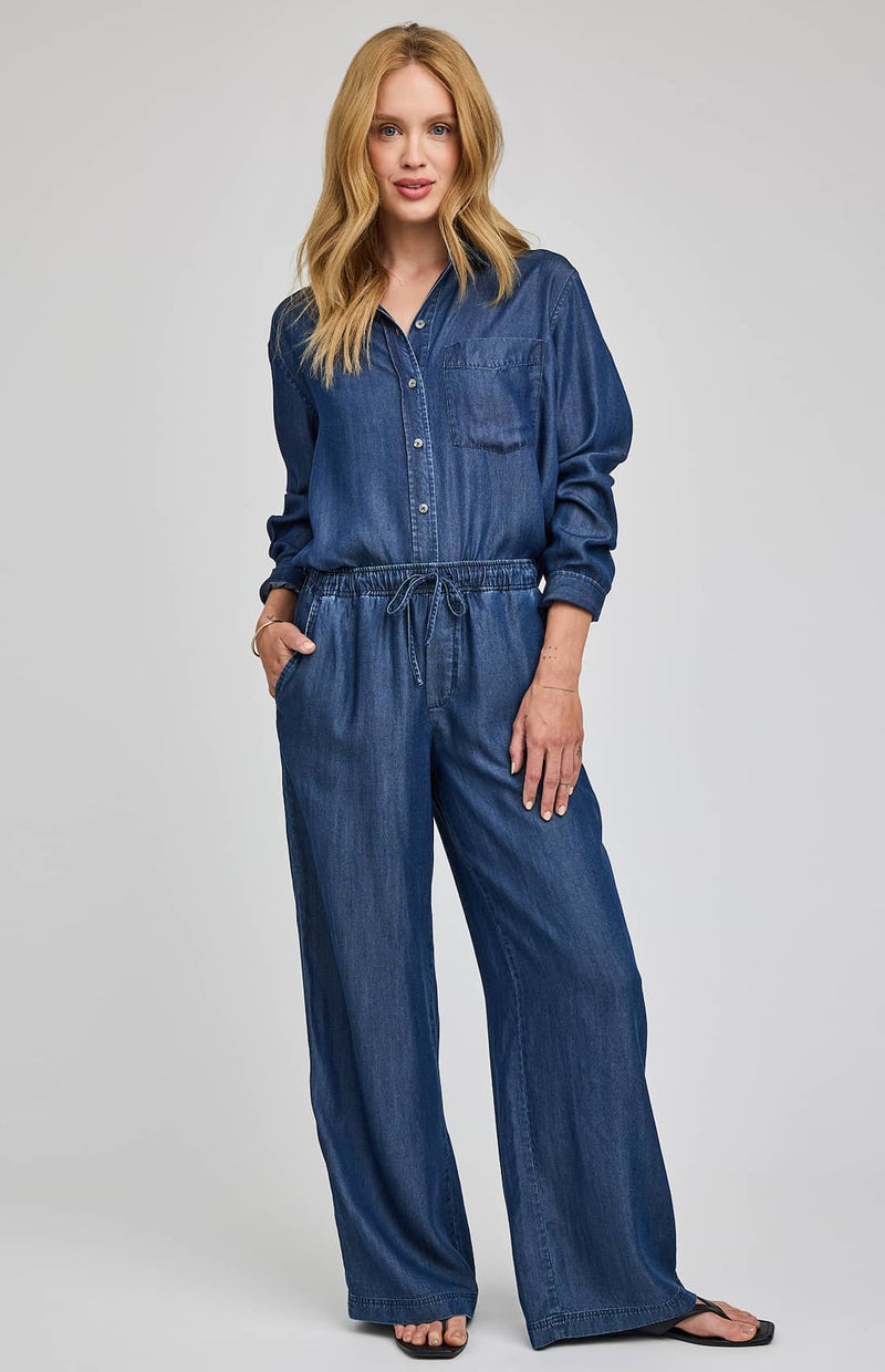 Gentle Fawn Camille wide leg Tencel pants dark blue full outfit front view Lemonberry Aurora