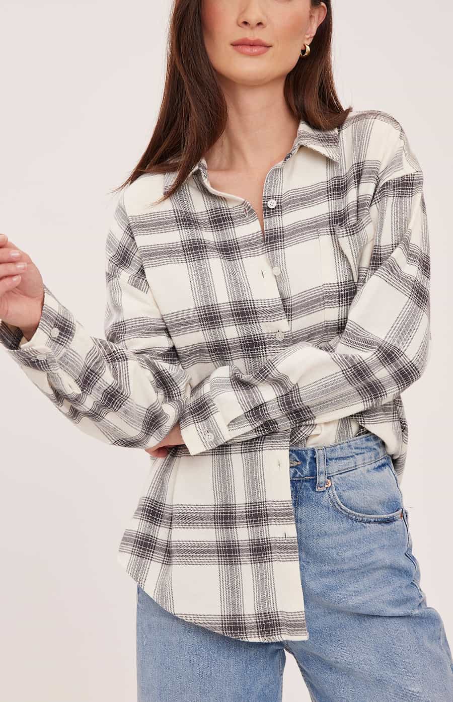 Gentle Fawn Carys ivory and charcoal plaid shirt front detail Lemonberry Aurora
