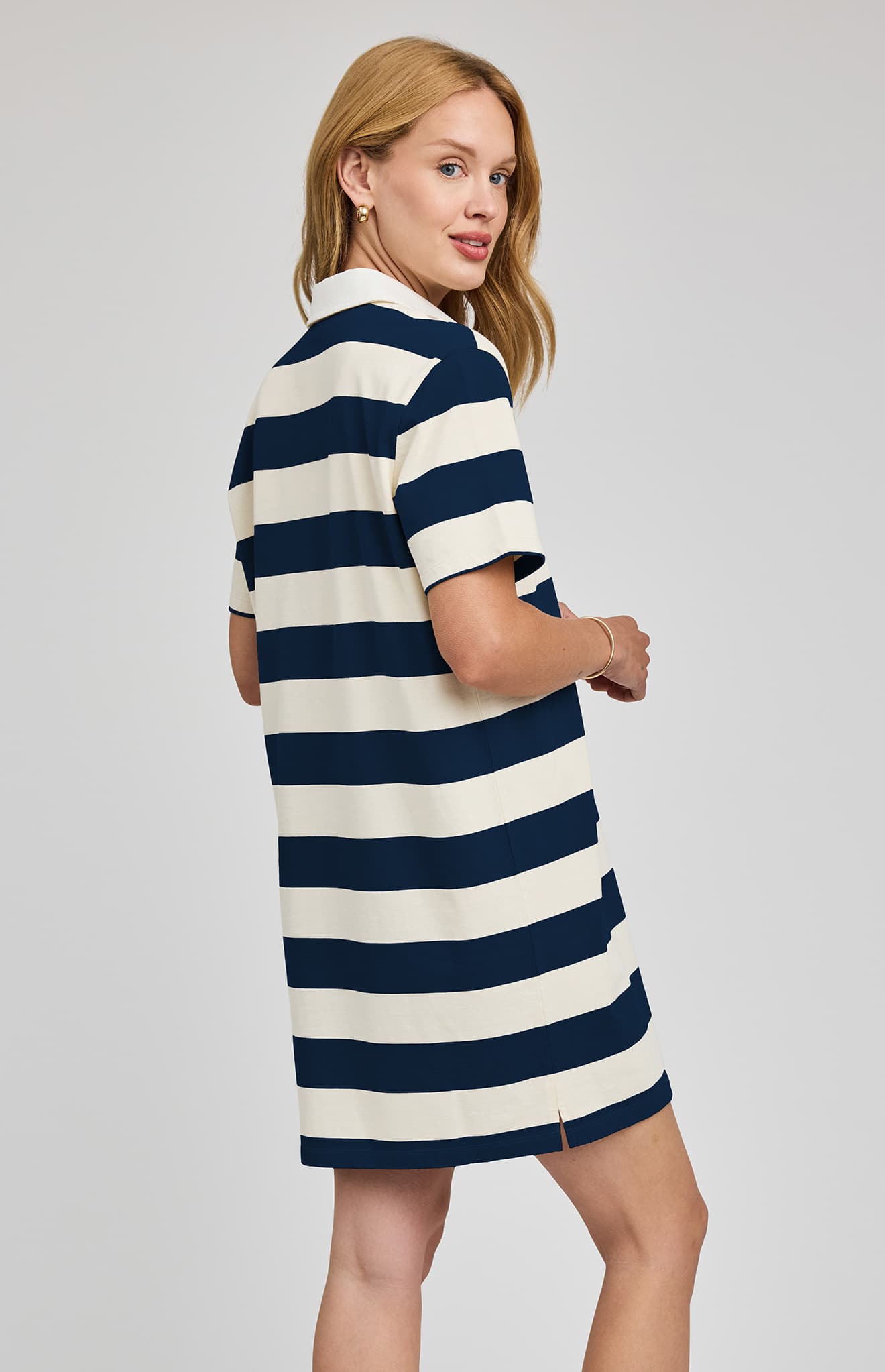 Gentle Fawn Colbie striped dress in navy and cream, back view at Lemonberry Aurora