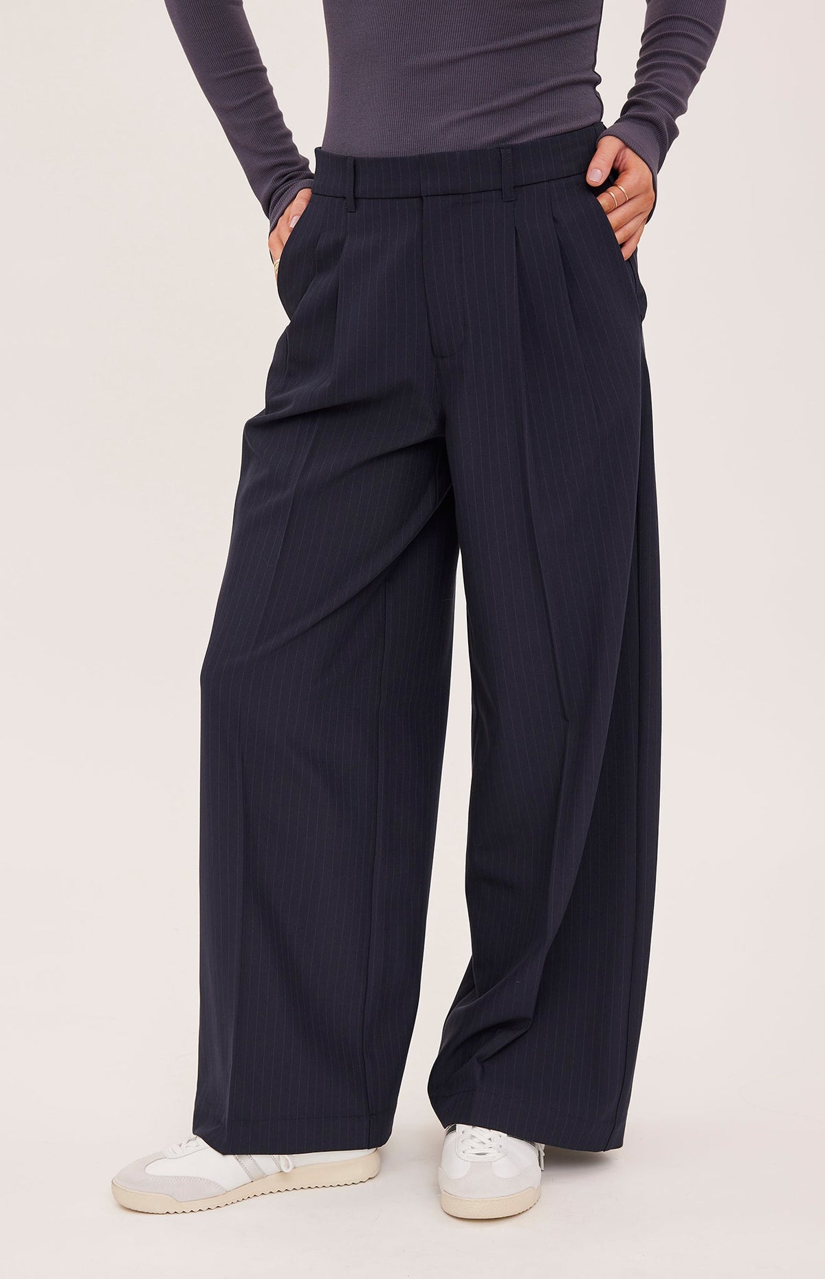 Gentle Fawn Collins pant in Navy Pinstripe side view