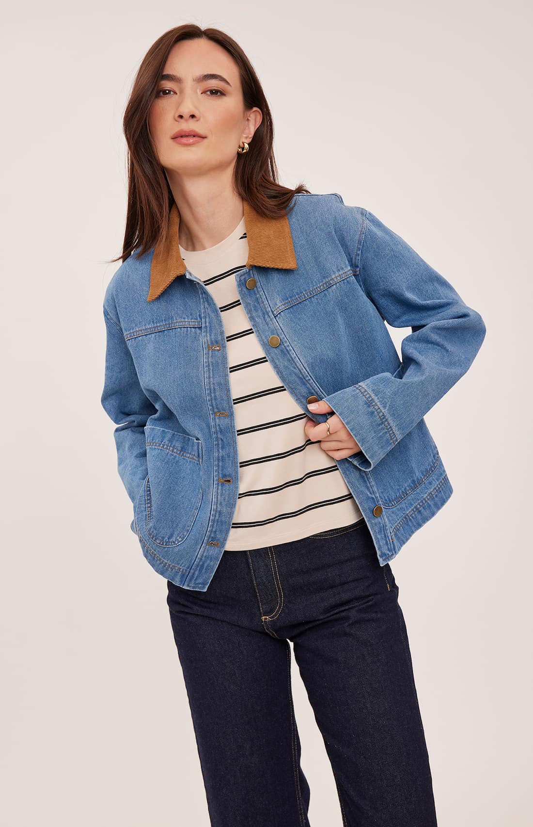 Gentle Fawn Connor Denim Jacket angled front view Lemonberry Aurora