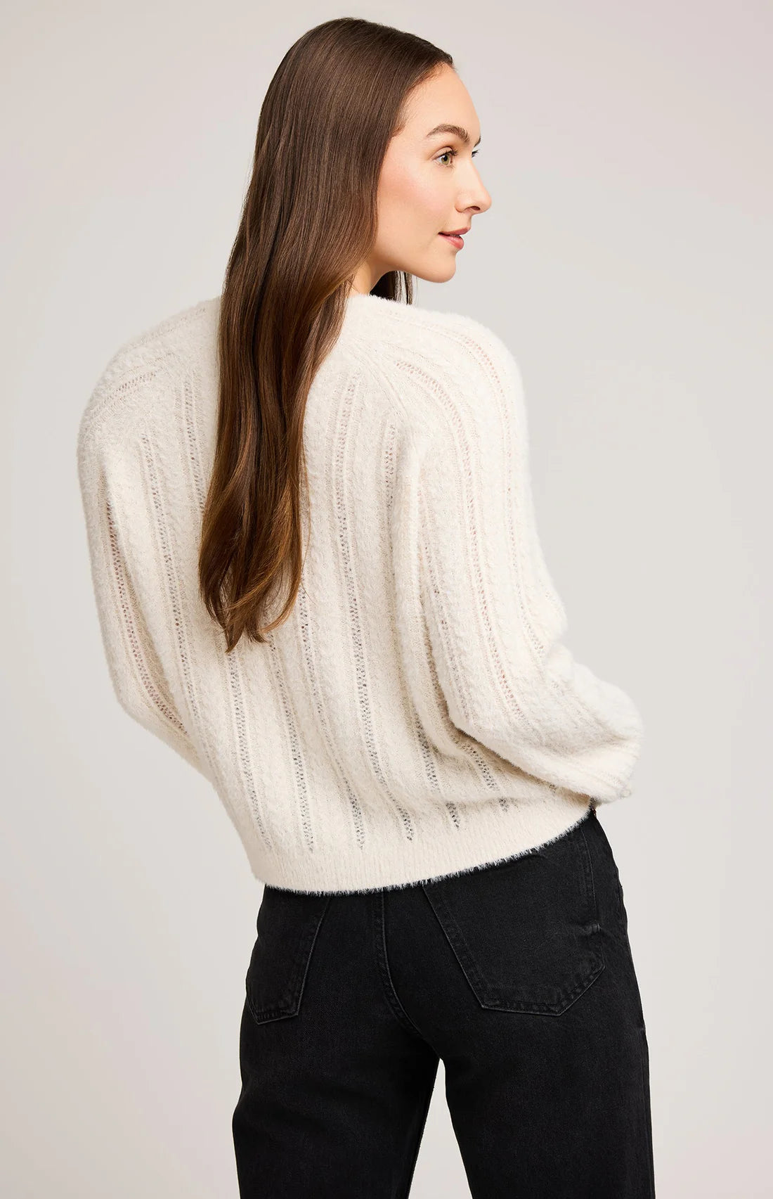 Back view of Gentle Fawn Cornelia sweater in ivory with soft knit texture – Lemonberry Aurora