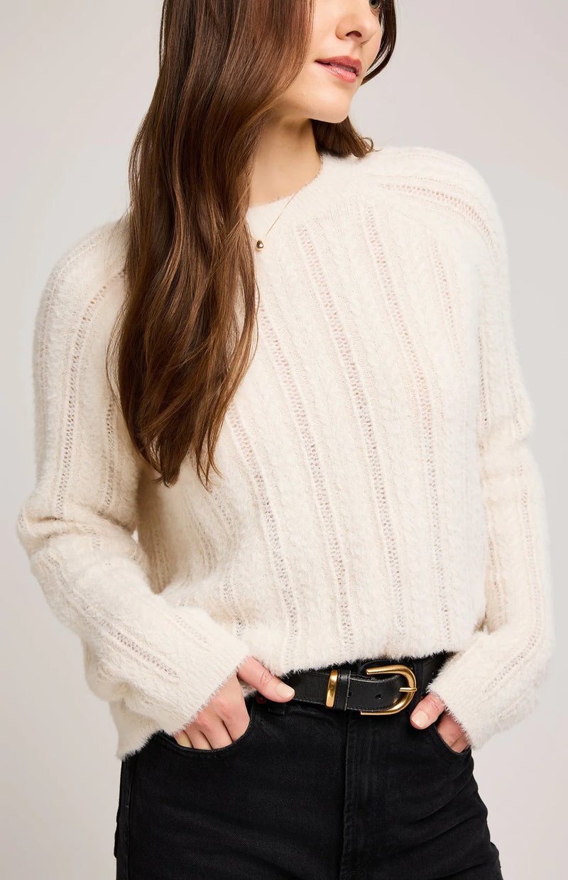 Close-up of Gentle Fawn Cornelia sweater in ivory, fuzzy cable knit detail – Aurora boutique