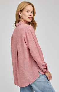 Back view of Gentle Fawn Dominique shirt in garnet stripe with yoke detail