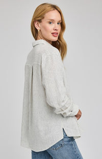 Back view of Gentle Fawn Dominique shirt in white stripe showing relaxed shape
