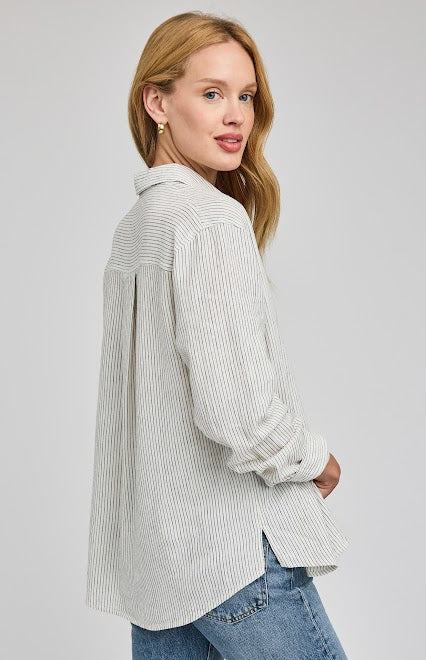 Back view of Gentle Fawn Dominique shirt in white stripe showing relaxed shape