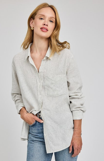 Gentle Fawn Dominique shirt in white stripe with relaxed fit and button front, front view at Lemonberry