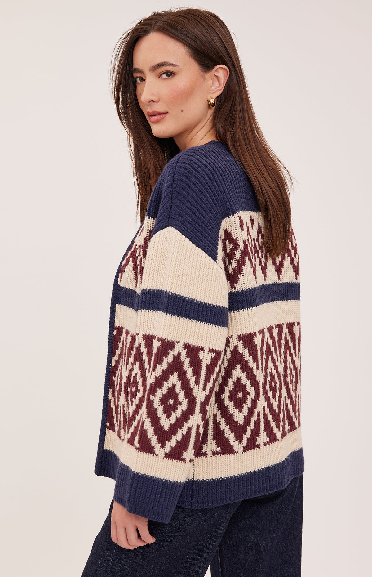 Back view of the Gentle Fawn Dorian cardigan in Navy showing its geometric pattern and relaxed fit