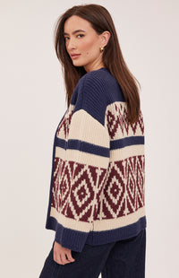 Back view of the Gentle Fawn Dorian cardigan in Navy showing its geometric pattern and relaxed fit