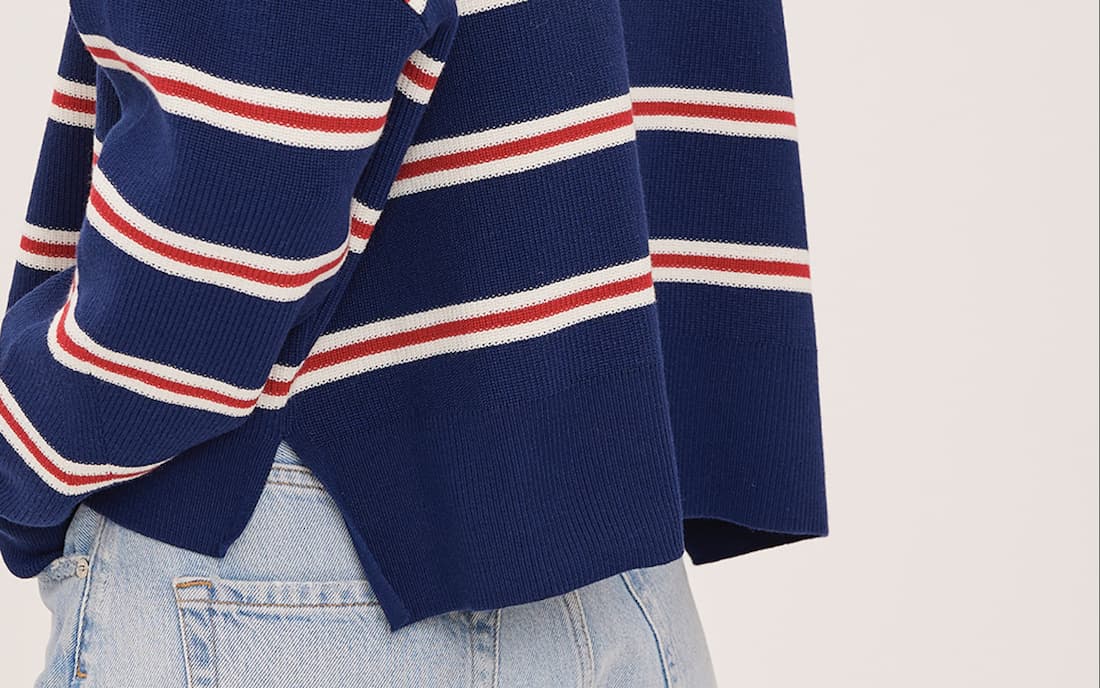 Gentle Fawn Echo striped knit sweater close-up side slit and hem detail at Lemonberry Aurora