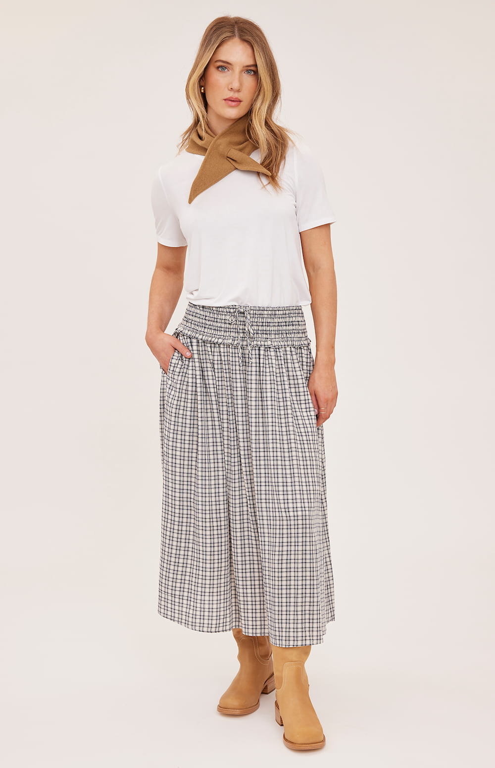 Gentle Fawn Elowyn Check Midi Skirt angled front view Lemonberry Aurora