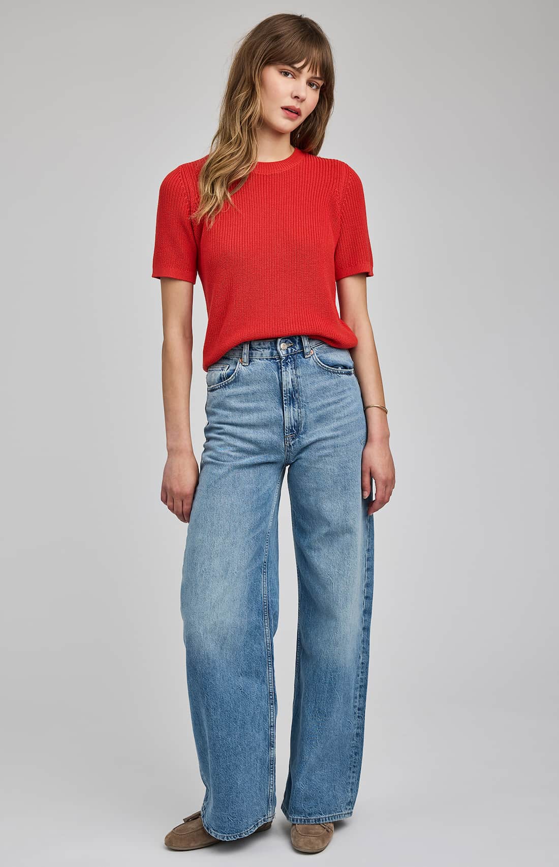 Gentle Fawn Faye knit top Grenadine red textured short sleeve knit top front view