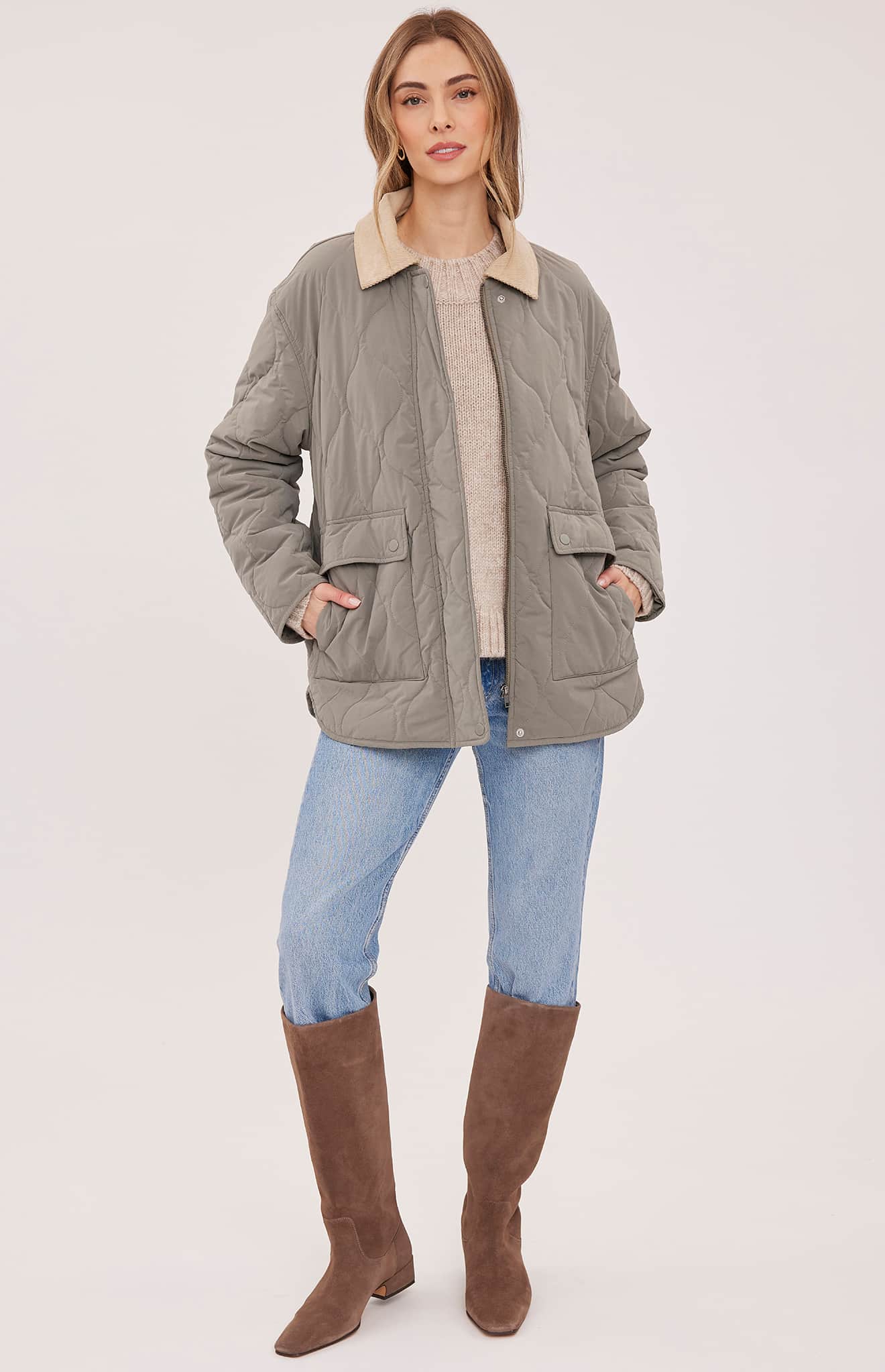 Full front view of the Gentle Fawn Felix quilted jacket in Mineral at Lemonberry Aurora