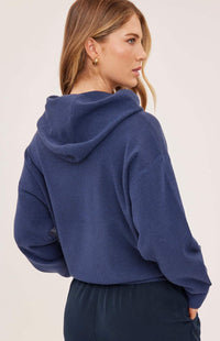 Gentle Fawn Grayson heather navy knit hoodie angled-back view Lemonberry Aurora