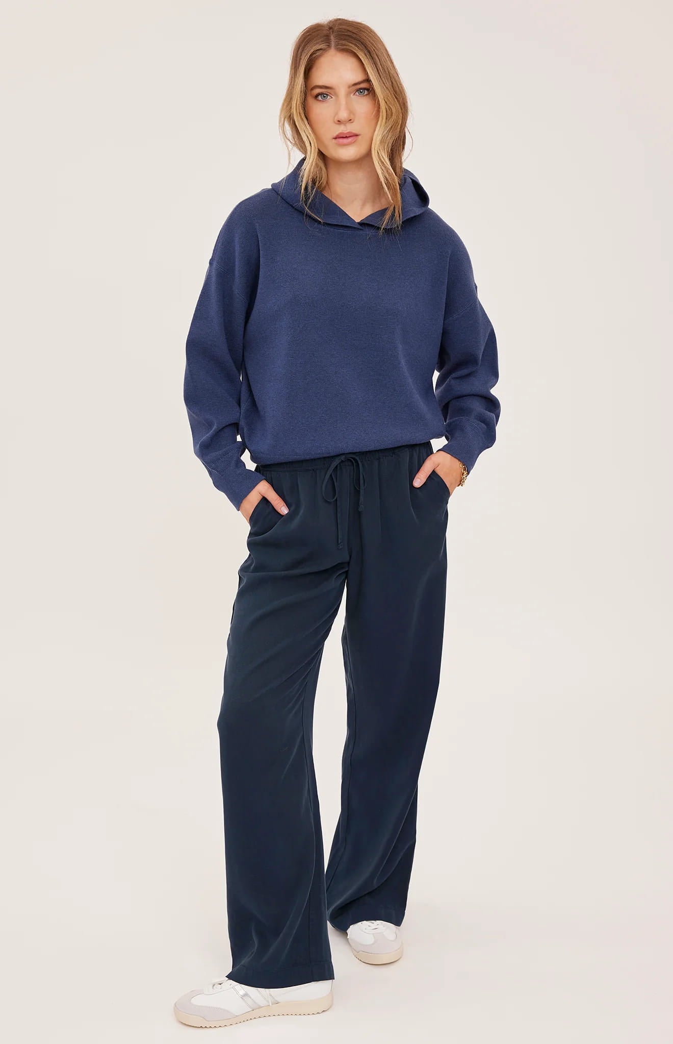 Gentle Fawn Grayson heather navy knit hoodie front full-length view Lemonberry Aurora