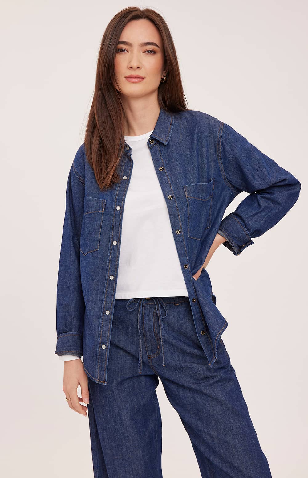 Gentle Fawn Griffin dark-wash snap-front denim shirt angled-front view Lemonberry Aurora