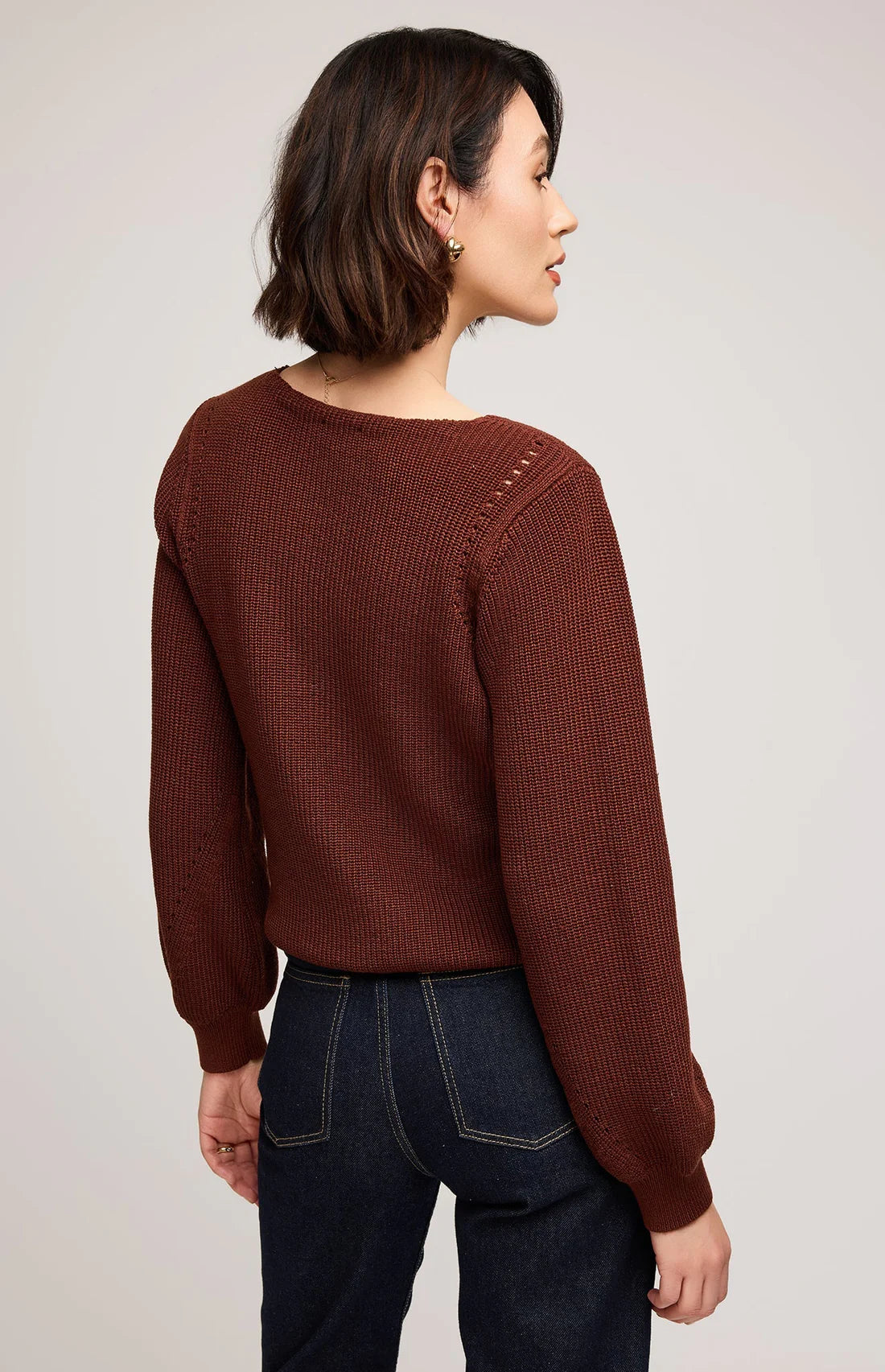 Back view of Gentle Fawn Hailey Sweater in mahogany, pointelle detailing – Aurora boutique