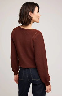 Back view of Gentle Fawn Hailey Sweater in mahogany, pointelle detailing – Aurora boutique